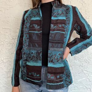 Picadilly Blazer Jacket Women's S multi Brown Blue Silk Embroidered Unique